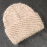 Winter Real Rabbit Fur Knitted Beanies For Women Fashion Solid Warm Cashmere Wool Skullies Beanies Female Three Fold Thick Hats daiiibabyyy
