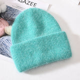 Winter Real Rabbit Fur Knitted Beanies For Women Fashion Solid Warm Cashmere Wool Skullies Beanies Female Three Fold Thick Hats daiiibabyyy