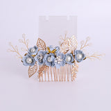 Fashion Pink Blue Flower Hairpins Pearls Rhinestone Hair Combs Prom Bridal Wedding Hair Accessories Gold Leaves Hair Jewelry daiiibabyyy